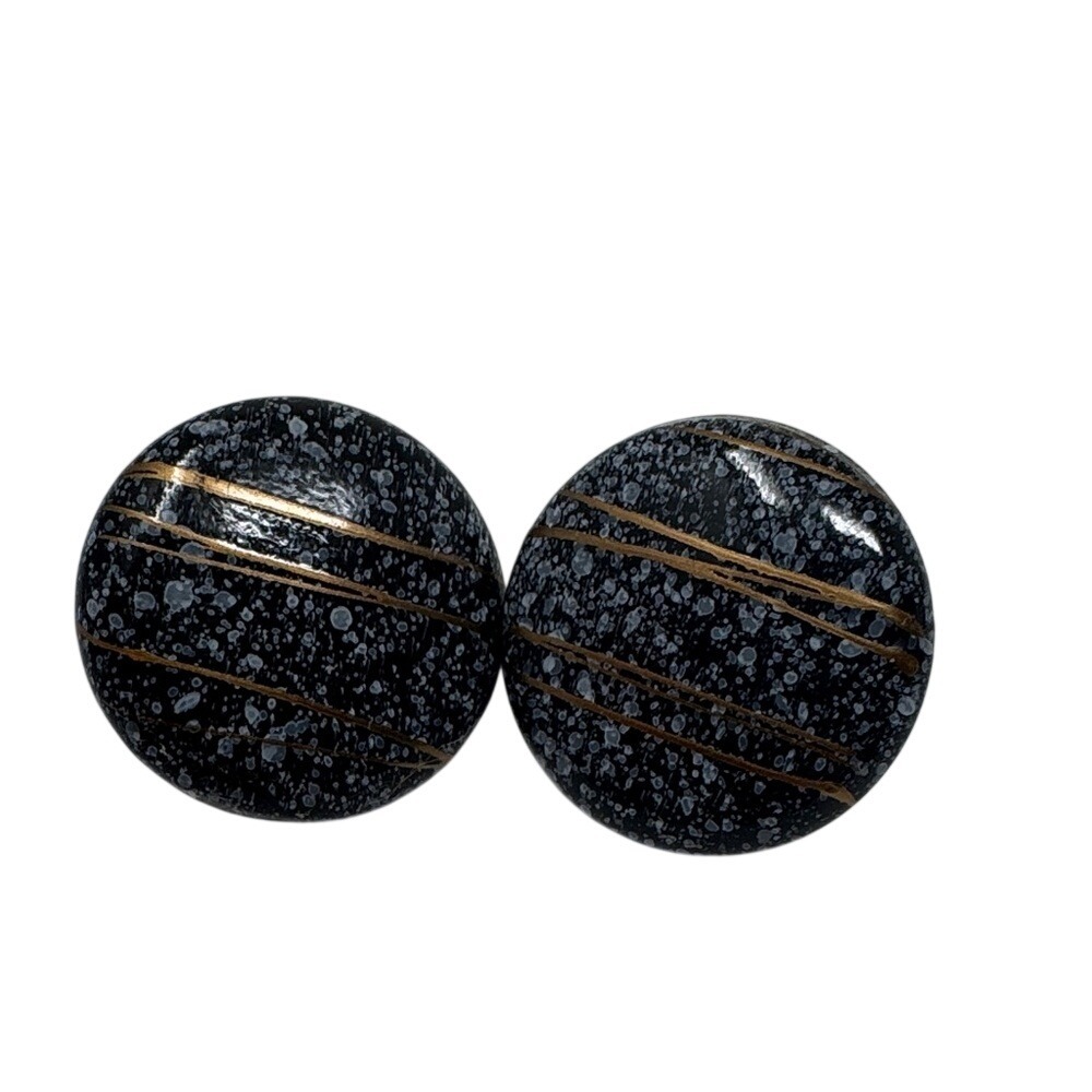 Vintage Black White Speckled Gold Striped Round Button Stud Earrings Womens 80s
